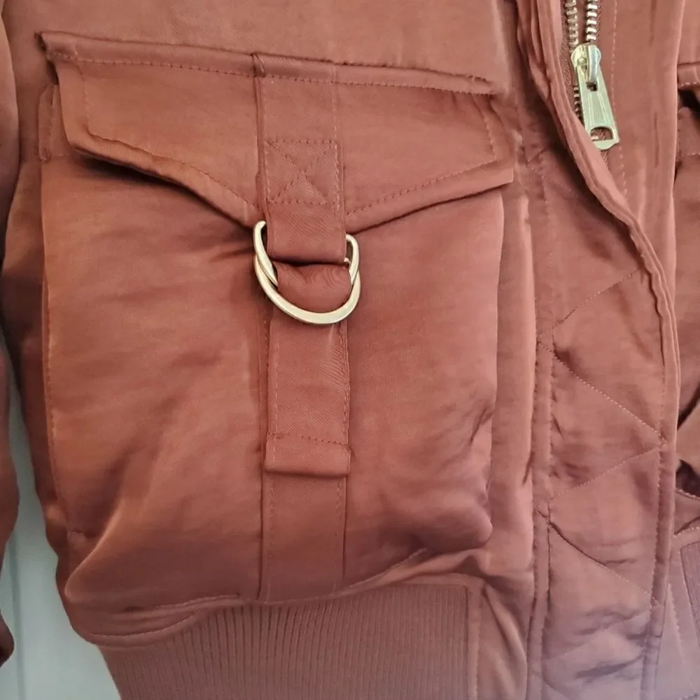 NWT House of Harlow 1960 satin ruched copper brown bomber jacket size L HOLIDAY - Picture 8 of 12